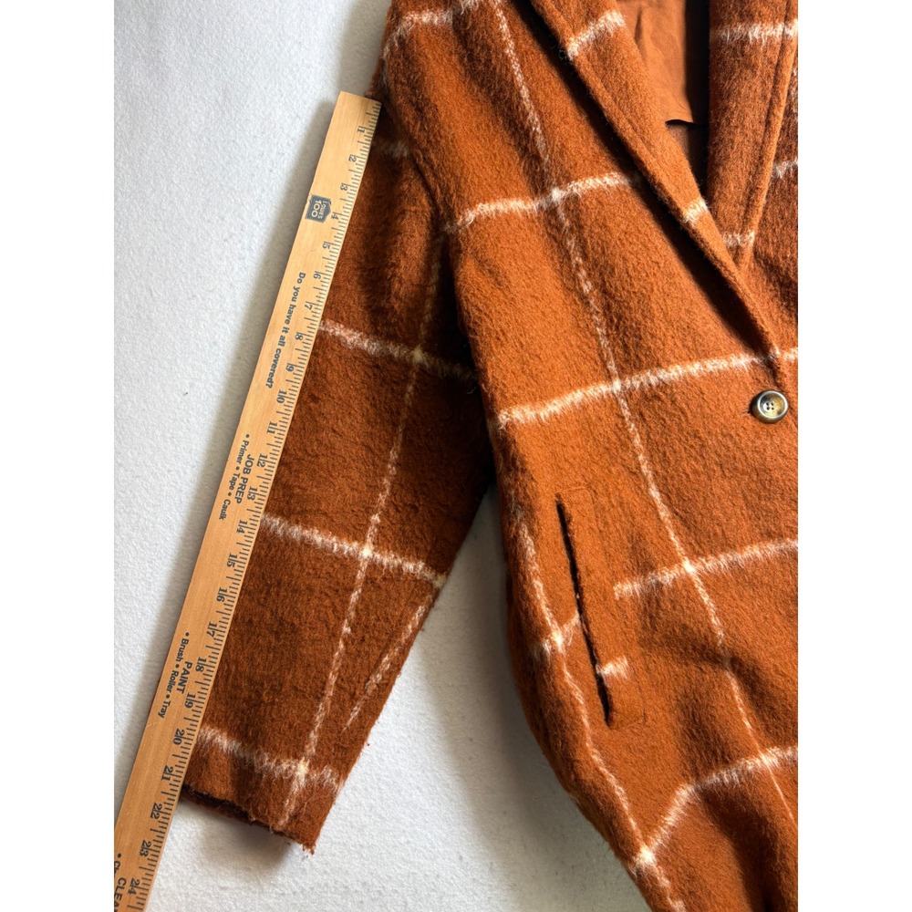 Old Navy Womens Long Windowpane Plaid Coat Rust Orange Boucle Overcoat Large - Picture 6 of 8